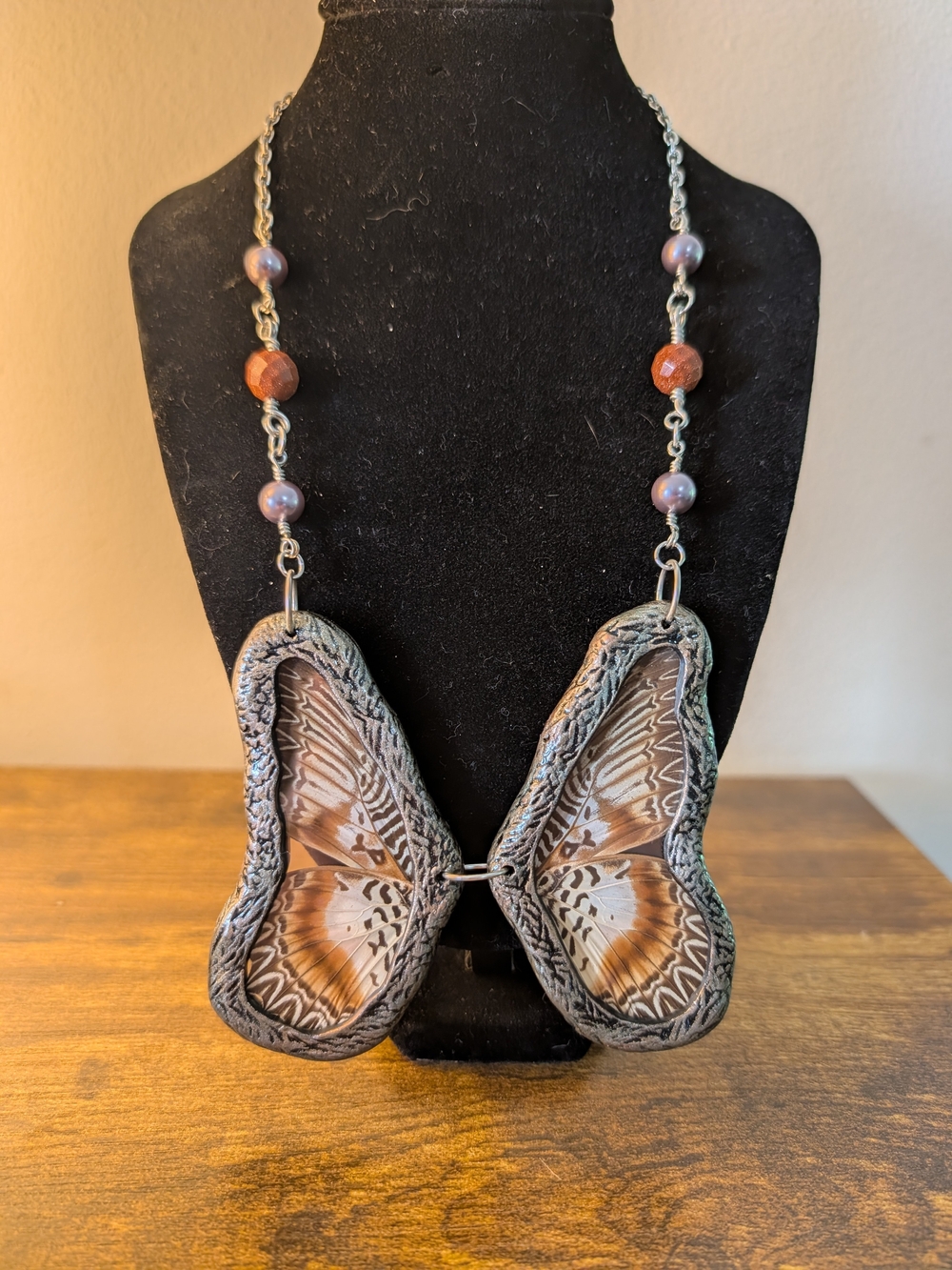 Hand Crafted Brown Butterfly Wing Pendant Necklace with Silver Chain